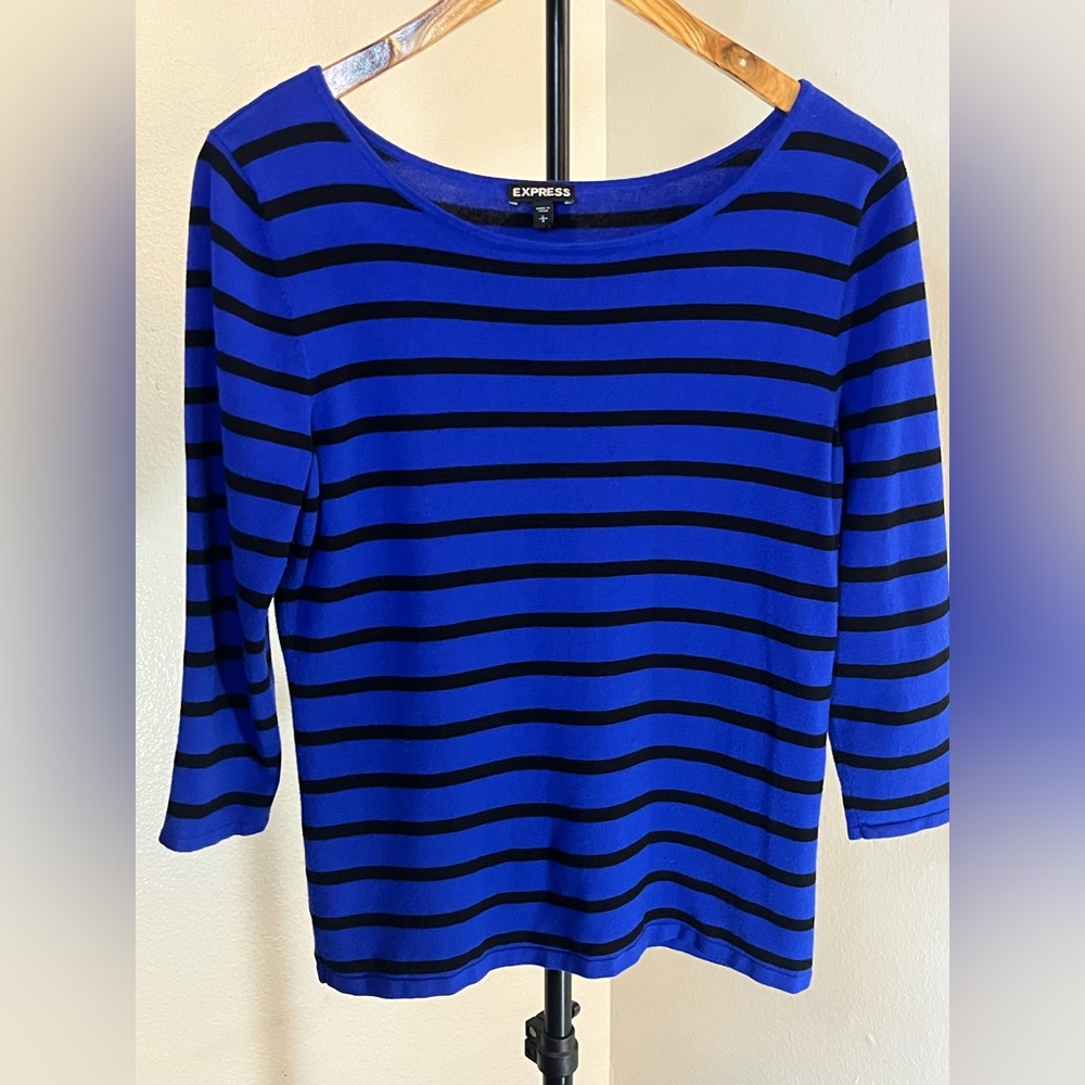 Express Women's Blue and Black Striped Long-sleeved Top